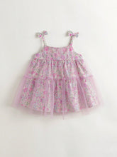 Young Girls' Sweet And Floral Allover Print Mesh Tutu Dress With Bowknot Strap, Summer